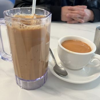 Garden Cafe - Iced Honk Kong milk tea on the left and the hot version to the right (not sweetened) - Hong Kong Style Cafe Near Me - Castro Valley, California