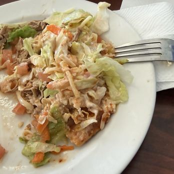 Marisco's Miramar - Tostada with unwanted salsa - Mexican Near Me - Bellflower, California Marisco's Miramar - Tostada with unwanted salsa - Mexican Near Me - Bellflower, California