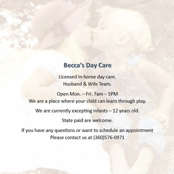 Becca's Daycare - Child Care & Day Care Near Me - Vancouver, Washington Becca's Daycare - Child Care & Day Care Near Me - Vancouver, Washington