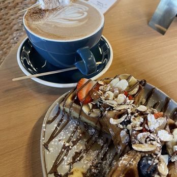 Cafe Barista - Hot chocolate and Nutella waffles with fruits. - Sandwiches Near Me - Kissimmee, Florida