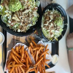 Santa Barbara Cobb salad with sweet potato fries. Santa Barbara Cobb salad with sweet potato fries.