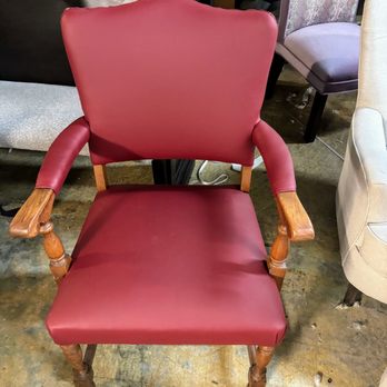 Three Sons Upholstery - Red leather armchair with stained wood. - Furniture Reupholstery Near Me Three Sons Upholstery - Red leather armchair with stained wood. - Furniture Reupholstery Near Me