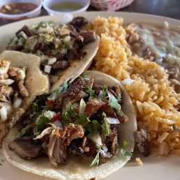 Three-taco special with rice and beans