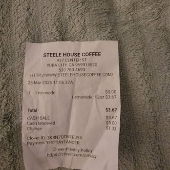 Steele House Coffee - March 25 2026 receipt - Coffee & Tea Near Me - Yuba City, California Steele House Coffee - March 25 2026 receipt - Coffee & Tea Near Me - Yuba City, California