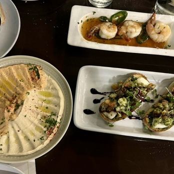 The Olive Restobar - Appetizers! 1/2 Spicy/1/2 Regular Hummus, Shrimp, Bruschetta - Mediterranean Near Me - Downey, California