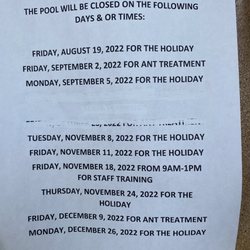 Kawamoto Swim Stadium - Dates closed