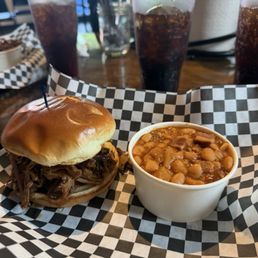 Pulled pork sandwich and bbq beans