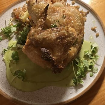 Bread & Butter - 1/2 chicken confit with a green sauce, garlic butter farro and roasted veggies - Comfort Food Near Me - Onancock, Virginia Bread & Butter - 1/2 chicken confit with a green sauce, garlic butter farro and roasted veggies - Comfort Food Near Me - Onancock, Virginia