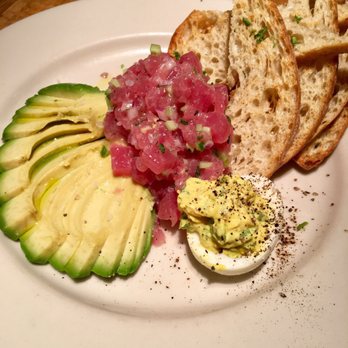 R+D Kitchen - Yes please! Ahi Tuna Tartare with fresh Avocado, crispy bread & a deviled egg too. A little bad to go with the good. - New American Near Me - Newport Beach, California