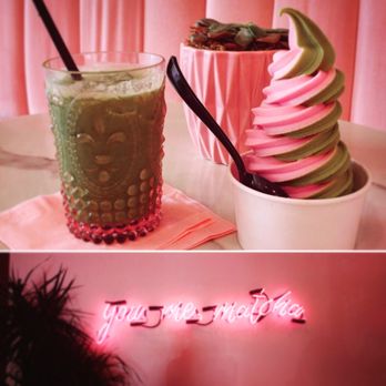 Holy Matcha - Coconut matcha latte (iced). Soft serve (matcha & pink coconut swirl). You, me matcha neon lights decor! - Tea Rooms Near Me - San Diego, California Holy Matcha - Coconut matcha latte (iced). Soft serve (matcha & pink coconut swirl). You, me matcha neon lights decor! - Tea Rooms Near Me - San Diego, California