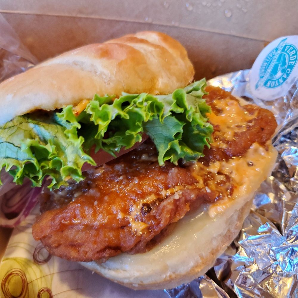 Copper Spike Cafe - Red caboose chicken sandwich (fries not pictured) - Cafes Near Me - Clarkdale, Arizona Copper Spike Cafe - Red caboose chicken sandwich (fries not pictured) - Cafes Near Me - Clarkdale, Arizona
