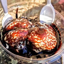 Lizzy's Ice Cream - One Scoop of Cinnamon Ice Cream and One Scoop of Ginger Ice Cream Topped with Hot Fudge at Lizzy's Ice Cream Cambridge