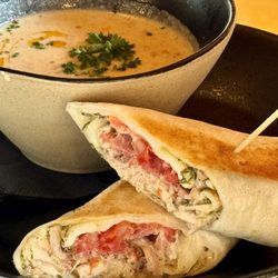 Dalvay by the Sea - Delicious soup and sandwich combo for lunch. Potato soup and chicken wrap.