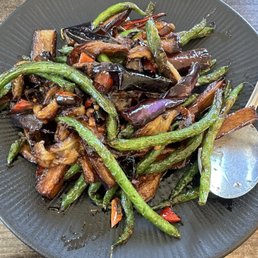 Green bean and eggplant, sautéed vegetable dish Green bean and eggplant, sautéed vegetable dish