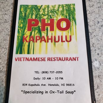 Pho Kapahulu - Pho Kapahulu menu, showing business address, phone number, & business hours. - Vietnamese Near Me - Honolulu, Hawaii Pho Kapahulu - Pho Kapahulu menu, showing business address, phone number, & business hours. - Vietnamese Near Me - Honolulu, Hawaii