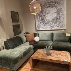 Portland Furniture - Lolita olive cozy fabric paired with Ash burl table