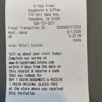 Krispy Kreme - Receipt - Donuts Near Me - South Pasadena, California