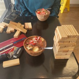 We are our bowl but I forgot to take a picture before! Açaí bowl while playing jenga :)