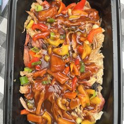 Fat City Barbecue - Pulled pork on rice with sweet peppers, green onions, and pineapple teriyaki sauce.