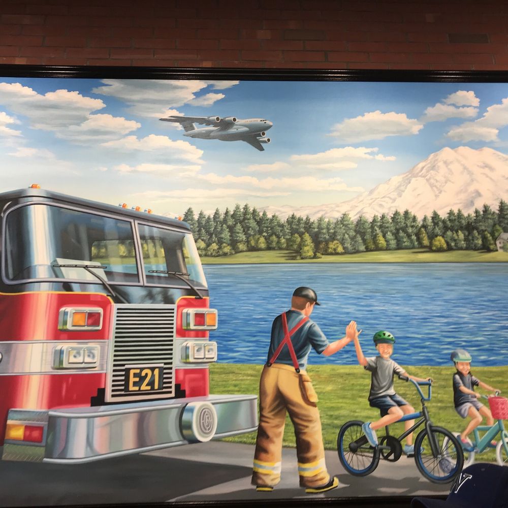 Firehouse Subs - The art had a shout-out to Joint Base Lewis-McChord (Air Force and Army) with the plane, Mt Rainier, and the local fire dept. - Fast Food Near Me - Lakewood, Washington Firehouse Subs - The art had a shout-out to Joint Base Lewis-McChord (Air Force and Army) with the plane, Mt Rainier, and the local fire dept. - Fast Food Near Me - Lakewood, Washington