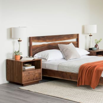 The Joinery - The Joinery's Modern Simple Bed with Live-Edge Split Headboard in Western Walnut. - Furniture Stores Near Me - Portland, Oregon The Joinery - The Joinery's Modern Simple Bed with Live-Edge Split Headboard in Western Walnut. - Furniture Stores Near Me - Portland, Oregon