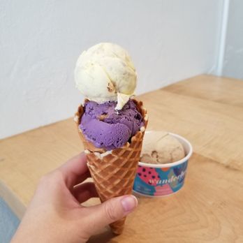 Wanderlust Creamery - Koldskal (September limited flavor) and ube malted crunch in the cone, Vietnamese rocky road (September limited flavor) - Ice Cream & Frozen Yogurt Near Me - Pasadena, California