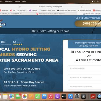 Sewer & Drain Champion - Hydro-Jet service advertised as $695 on their website on AUGUST 22nd, 2026 (see top right of attachment). - Plumbing Near Me Sewer & Drain Champion - Hydro-Jet service advertised as $695 on their website on AUGUST 22nd, 2026 (see top right of attachment). - Plumbing Near Me