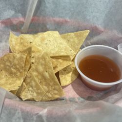 These are the chips and salsa. Commercially produced chips and the thinnest sauce to date.