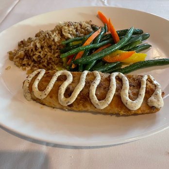 Leo's - Pretzel-Encrusted Walleye with Dijonnaise, Wild Rice, and Mixed Vegetables - Seafood Near Me - Grand Rapids, Michigan Leo's - Pretzel-Encrusted Walleye with Dijonnaise, Wild Rice, and Mixed Vegetables - Seafood Near Me - Grand Rapids, Michigan