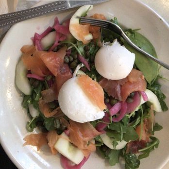 Westville Dumbo - Salmon, pickled cabbage, capers and mozzarella over arugula and cucumber - Comfort Food Near Me - Brooklyn, New York Westville Dumbo - Salmon, pickled cabbage, capers and mozzarella over arugula and cucumber - Comfort Food Near Me - Brooklyn, New York
