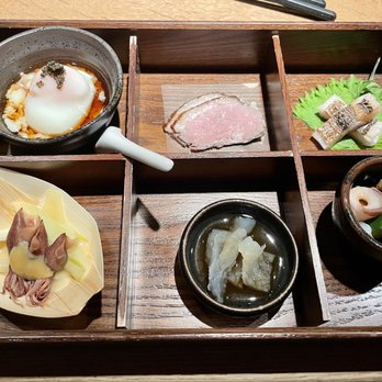 Hiroki - Poached egg, duck, cod in shiso, mini Japanese squid, poached jellyfish, octopus in dashi - Japanese Near Me - Philadelphia, Pennsylvania