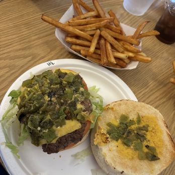 Buckhorn Tavern - Green chile cheeseburger with fries - Burgers Near Me - San Antonio, New Mexico Buckhorn Tavern - Green chile cheeseburger with fries - Burgers Near Me - San Antonio, New Mexico