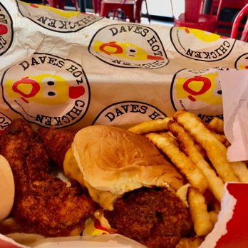 Dave's Hot Chicken - Closeup of chicken sandwich, tenders, fries (13.49) - Chicken Shop Near Me - San Leandro, California