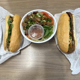 Pork Banh mi and a lemon grass and pork rice bowl