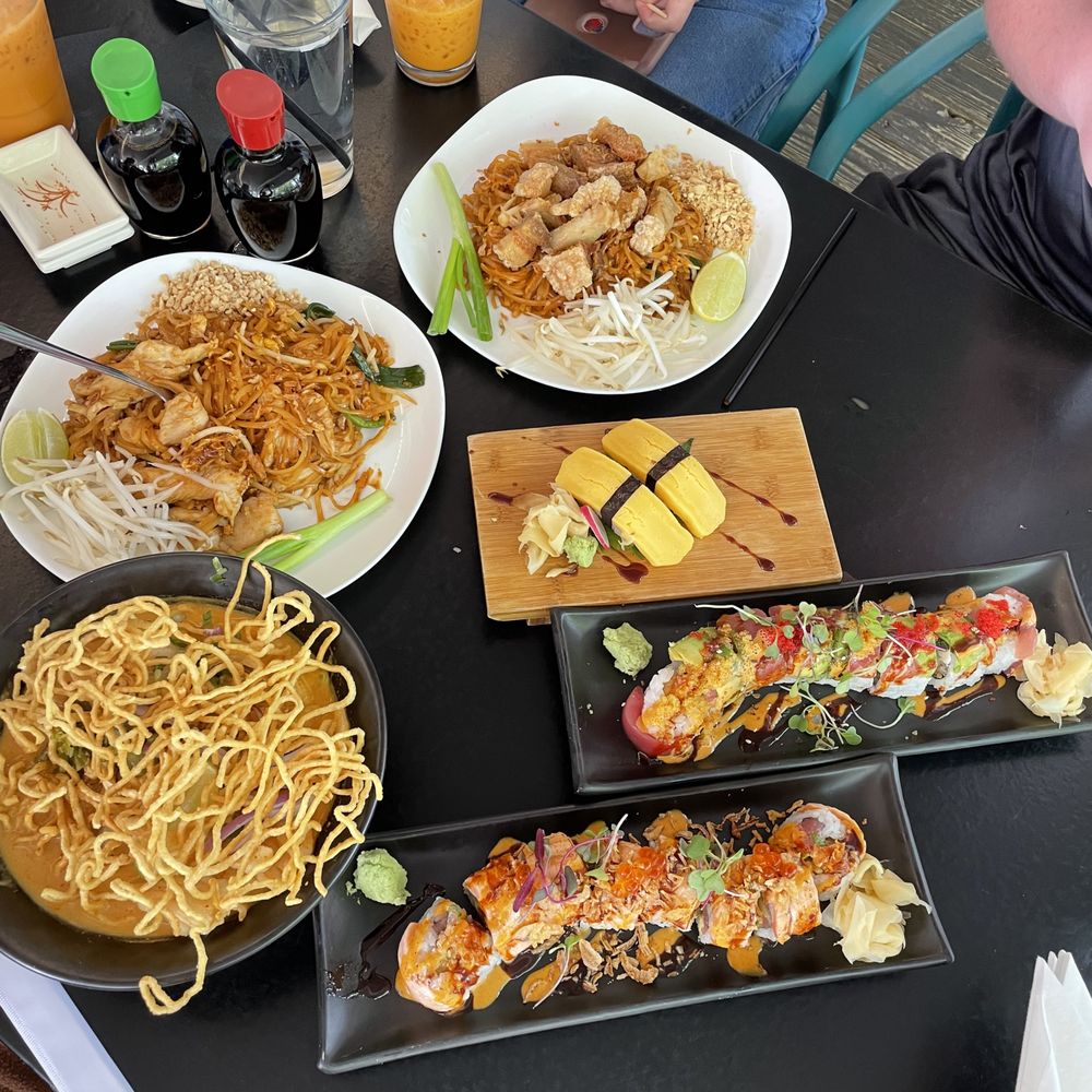 Bangkok Thai Sushi - Duck - Khao Soi, Tamago Yaki, Pad Thai with Chicken, Pad Thai with Crispy Pork, Hotty-Hotty Roll, and Heart Attack Roll - Sushi Bars Near Me - Duck, North Carolina