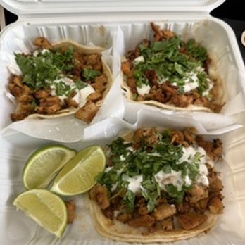 El Castillito - Chicken Tacos with Cheese, Sour Cream and Cilantro. Limes on the side. - Mexican Near Me - San Francisco, California