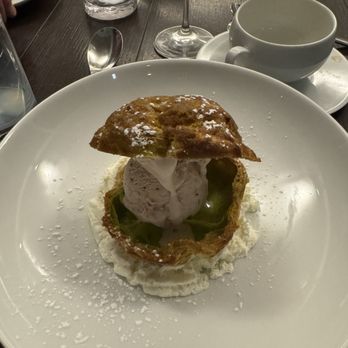 Salt & Char - Pistachio crème puff with cherry ice cream - Steakhouses Near Me - Saratoga Springs, New York Salt & Char - Pistachio crème puff with cherry ice cream - Steakhouses Near Me - Saratoga Springs, New York