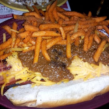 Barnaby's Cafe - Hot dog with chili, cheese, and sweet potato fries - American Near Me - Houston, Texas Barnaby's Cafe - Hot dog with chili, cheese, and sweet potato fries - American Near Me - Houston, Texas