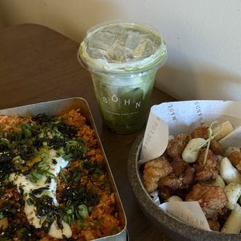 Sohn - popcorn chicken, kimchi fried rice, matcha w cream top - Cafes Near Me - San Francisco, California