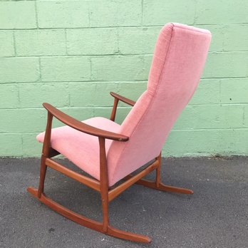 Bob Arkus Custom Upholstery - 1960'sDanish teak rocker upholstered in a pink Linen. Detail of back. - Furniture Reupholstery Near Me - Honolulu, Hawaii Bob Arkus Custom Upholstery - 1960'sDanish teak rocker upholstered in a pink Linen. Detail of back. - Furniture Reupholstery Near Me - Honolulu, Hawaii