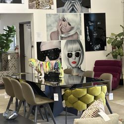 Tables, chairs, artwork