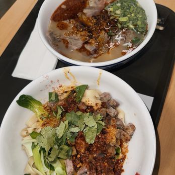Chopin Noodle House - A2. Traditional Beef Noodle Soup / 传统牛肉面 B2. Oil Spill Noodles油泼面 - Noodles Near Me - Fairfax, Virginia