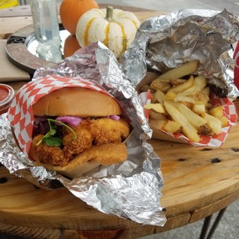 Slippery Fish Catering and Events - Chicken Katsu Sando... Cilantro, zesty mayo and red cabbage slaw on a Brioche bun! Side of fresh fries... yummmmm. - Party & Event Planning Near Me - Berkeley, California