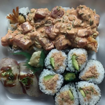 Ginza Sushi - Salmon-Avocado Hosomaki (bottom right) Ginza Special Makimono (tip) Garlic Ahi Nigiri (bottom left) - Sushi Bars Near Me - Honolulu, Hawaii Ginza Sushi - Salmon-Avocado Hosomaki (bottom right) Ginza Special Makimono (tip) Garlic Ahi Nigiri (bottom left) - Sushi Bars Near Me - Honolulu, Hawaii