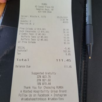 Rumba - Receipt with yelp check in. - Caribbean Near Me - Hampton Bays, New York
