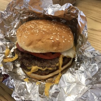 Five Guys - Cheese burger with the usual lettuce, tomato, mayo, ketchup and awesome fresh jalapeños! - Burgers Near Me - Franklin, Massachusetts
