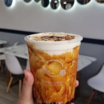 Feng Cha Teahouse - Dirty Brown Sugar Boba with Creme Brulee top - Bubble Tea Near Me - Costa Mesa, California Feng Cha Teahouse - Dirty Brown Sugar Boba with Creme Brulee top - Bubble Tea Near Me - Costa Mesa, California