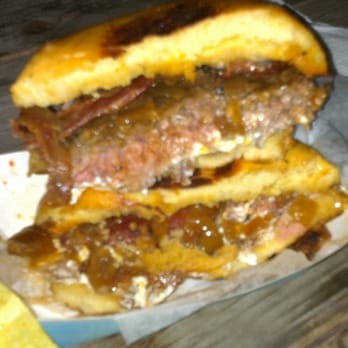 Grill 'Em All - Witte burger with cream cheese and deep fried bacon! - Burgers Near Me - Long Beach, California