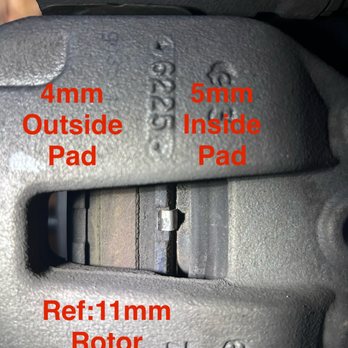 Brakes Plus - Rear Driver. Shows both inner and outer pads.  Both clearly 1mm - Auto Repair Near Me - Westminster, Colorado
