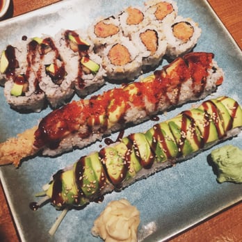 Yamato 2 - From top to bottom: eel avocado (left), spicy salmon (right), dragon, caterpillar - Japanese Near Me - Boston, Massachusetts Yamato 2 - From top to bottom: eel avocado (left), spicy salmon (right), dragon, caterpillar - Japanese Near Me - Boston, Massachusetts